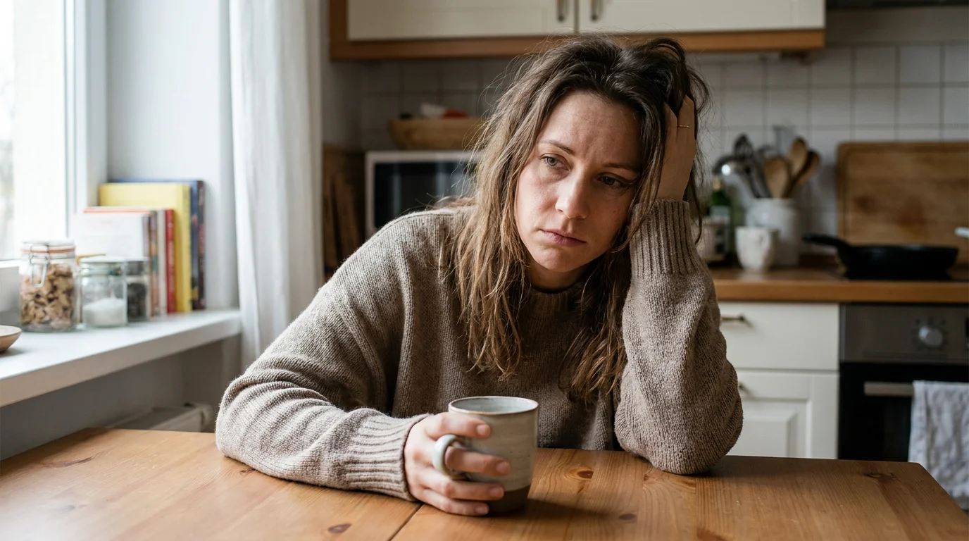 Tired woman in her early 30s sitting at a kitchen table holding a cup of tea, looking exhausted and frustrated despite consistent diet and exercise efforts, representing the impact of chronically elevated cortisol on metabolism and fat loss in American women over 30. Editorial lifestyle photography for a women's health article about how high cortisol and weight gain are connected and why stress actively blocks fat burning even when diet and exercise habits are consistently in place.