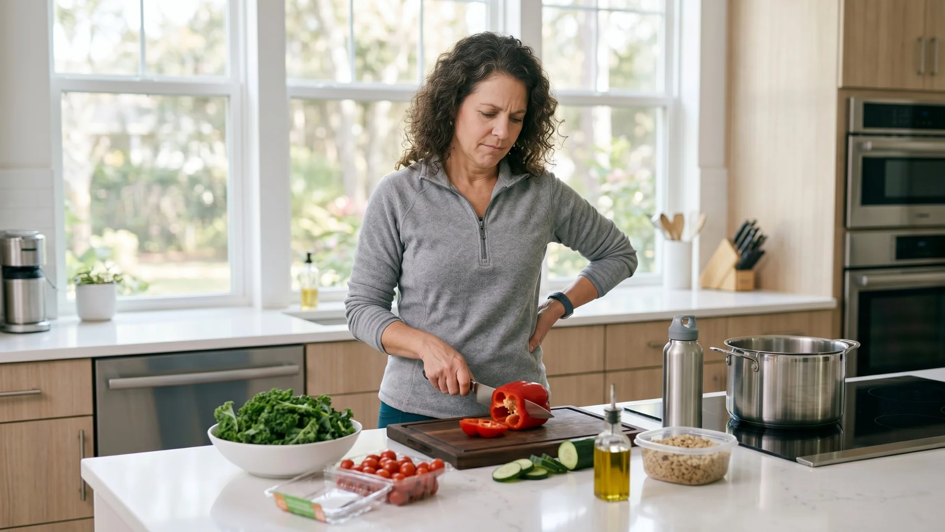 Middle-aged American adult preparing a healthy meal in a modern kitchen while looking thoughtful and concerned representing the frustration of following daily habits for healthy blood sugar but still experiencing cravings fatigue hunger and unstable energy after 40 reviewed at Gendrelly wellness portal for an educational article about the GLUT4 glucose transport mechanism that researchers believe may explain why healthy habits produce different results in different people after 40.