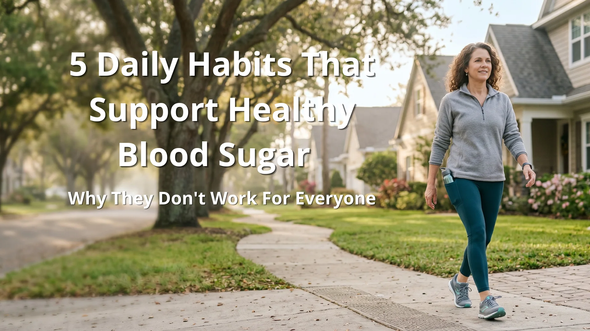 Healthy blood sugar daily habits illustrated by an American woman in her mid-40s walking through a tree-lined suburban neighborhood in the early morning representing the five lifestyle habits that support blood sugar balance after 40 including walking after meals protein intake sleep quality and whole foods reviewed at Gendrelly wellness portal for US adults who follow all the right habits but still experience energy crashes cravings and glucose instability due to GLUT4 transport inefficiency.
