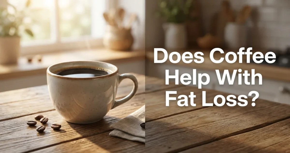 Blog cover image for a women health article about whether coffee helps with fat loss and metabolism. Aesthetic black coffee cup on a wooden table with soft warm natural morning light, clean minimal editorial photography style. Text overlay on the right side reads: Does Coffee Help With Fat Loss. Created for American women researching caffeine and metabolism, coffee for fat burning, thermogenesis, and science-backed morning routines to support natural weight management and energy after 30.