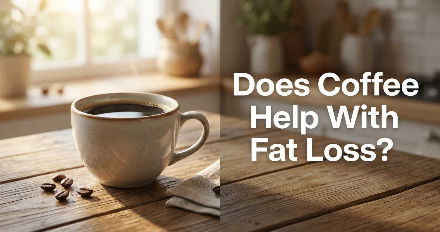 Blog cover image for a women health article about whether coffee helps with fat loss and metabolism. Aesthetic black coffee cup on a wooden table with soft warm natural morning light, clean minimal editorial photography style. Text overlay on the right side reads: Does Coffee Help With Fat Loss. Created for American women researching caffeine and metabolism, coffee for fat burning, thermogenesis, and science-backed morning routines to support natural weight management and energy after 30.