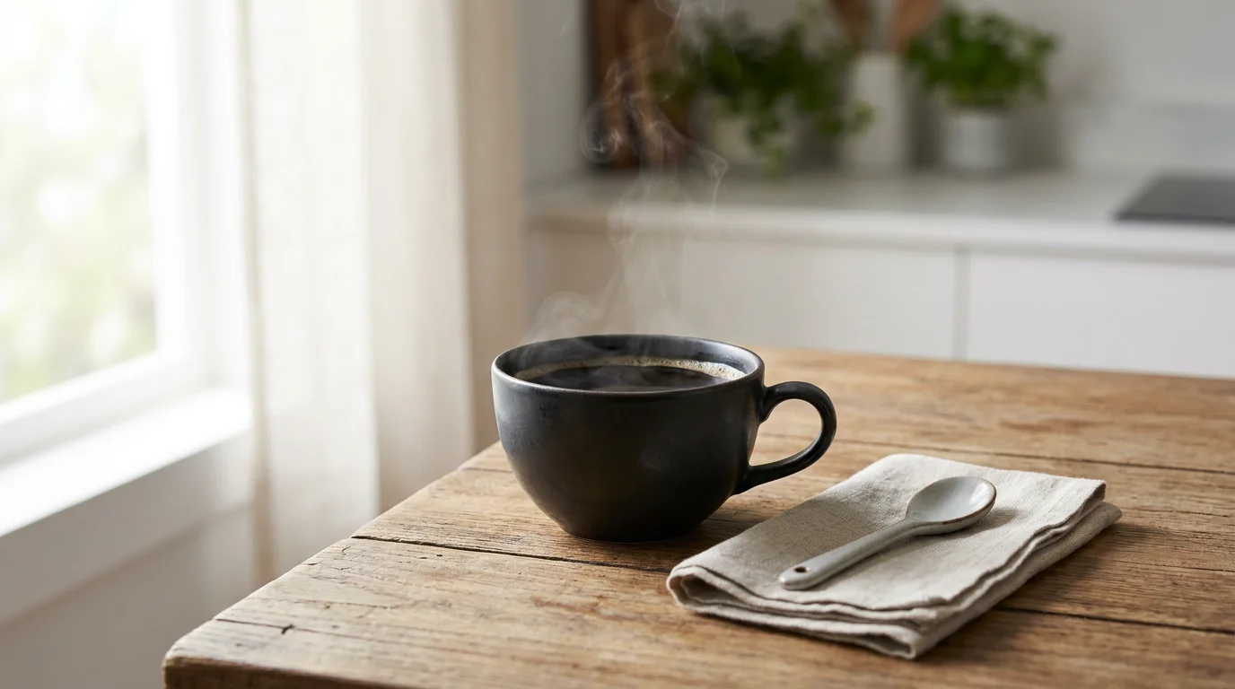 Aesthetic black coffee in a modern ceramic cup on a wooden table with soft natural morning light streaming in, representing the science-backed connection between caffeine and metabolism for women over 30. Editorial lifestyle photography for a women's health article about whether coffee helps with fat loss and metabolism, covering thermogenesis, lipolysis, and the optimal timing and preparation strategies for American women looking to support natural fat burning with their daily coffee routine.