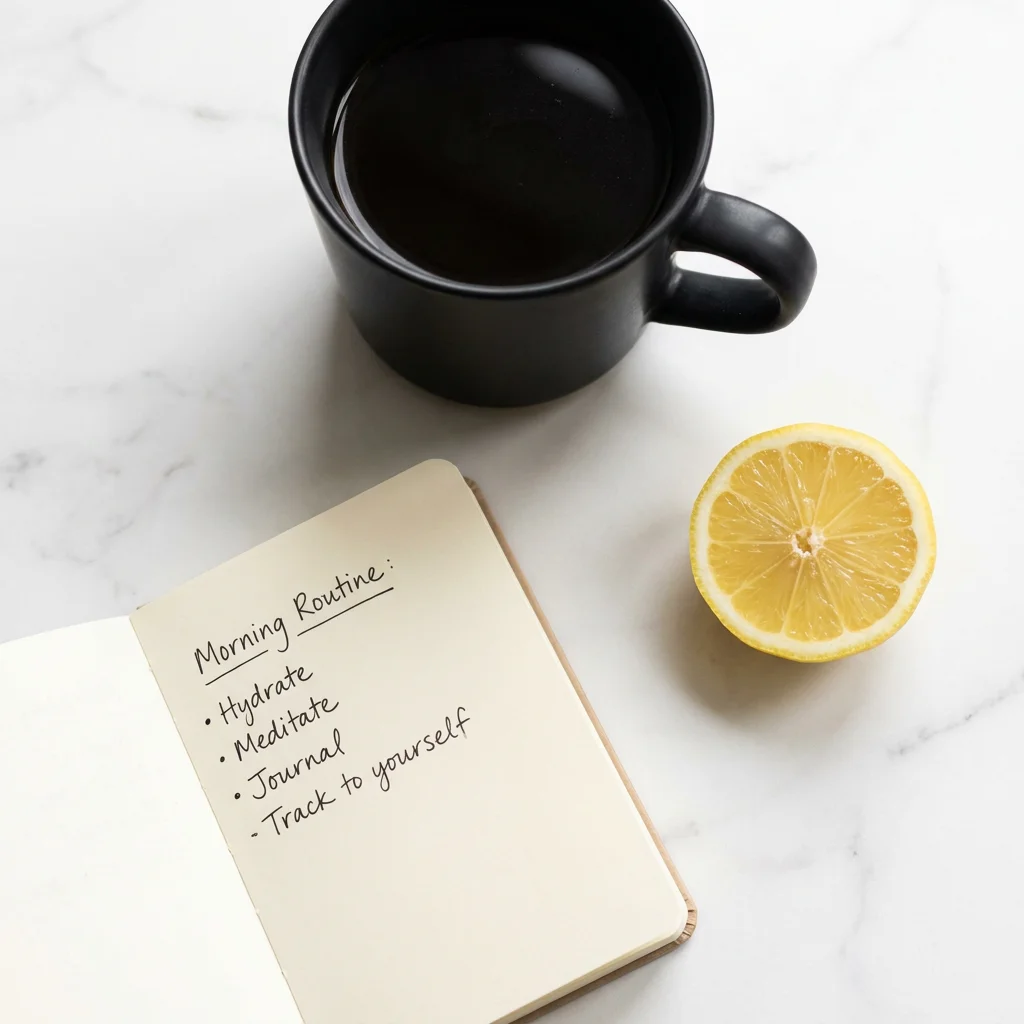 Editorial flat lay photography of a black coffee cup, small notebook with morning routine notes, and a fresh lemon slice arranged on a white marble surface in soft natural morning light. Represents the strategic morning coffee protocol for metabolism support, including optimal timing, preparation tips, and cycling strategies that help American women over 30 preserve caffeine sensitivity and maximize the fat-burning and thermogenic benefits of their daily coffee habit every week.