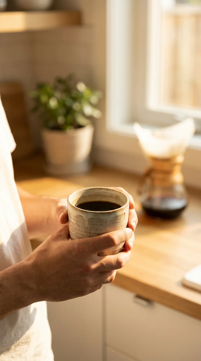 Person holding a designer ceramic coffee cup with warm natural morning sunlight in a clean modern kitchen, representing the refined daily coffee ritual that supports metabolic health and fat oxidation in women over 30. Editorial lifestyle photography illustrating how caffeine activates thermogenesis and lipolysis, making black coffee one of the most studied natural metabolism support tools available to American women who want to optimize fat burning and energy levels throughout the day.