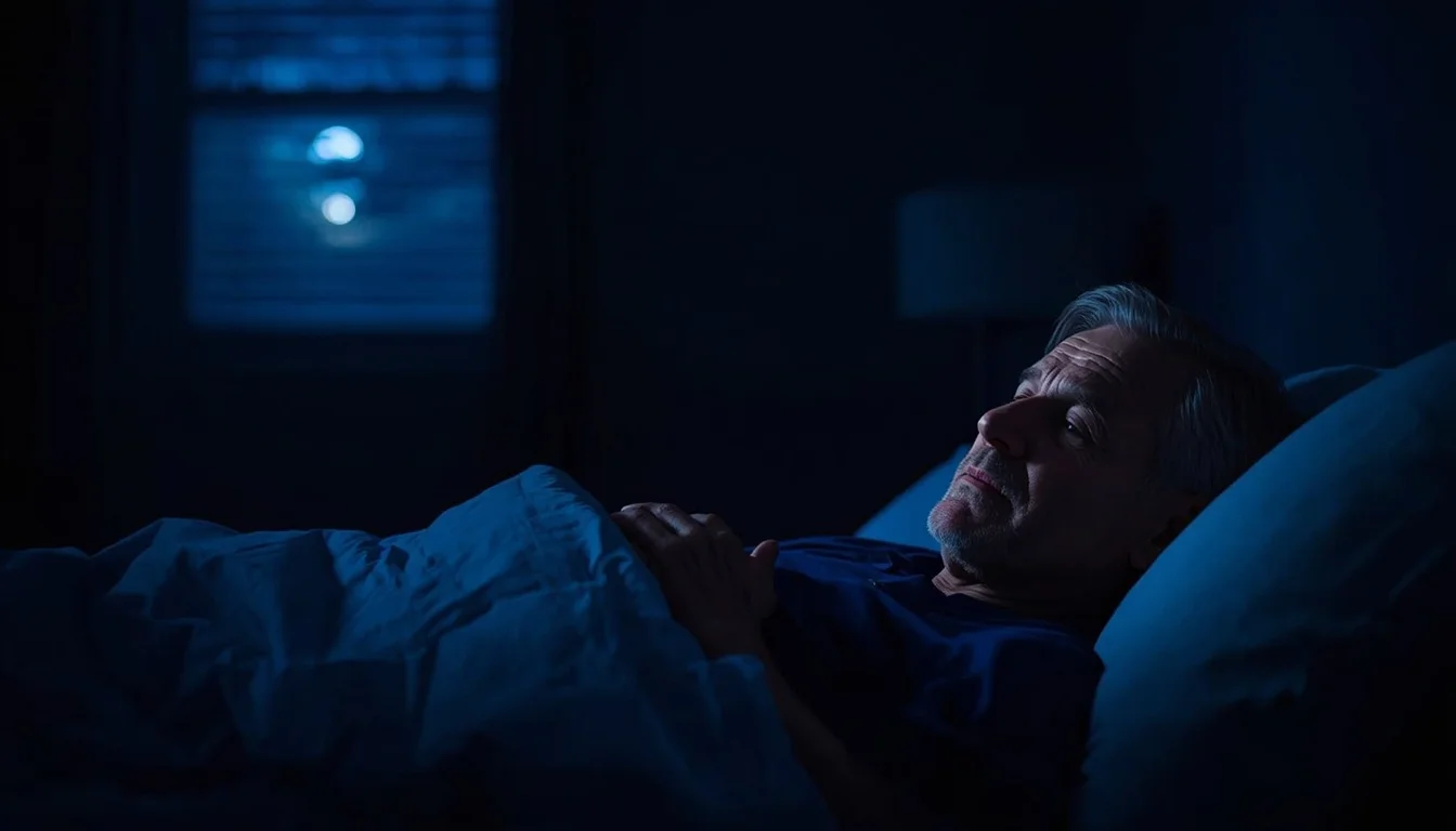 American man in his late 50s waking up at night in a dark bedroom representing the documented prostate signal affecting US men over 50 who wake up multiple times nightly to urinate. Cover image for the prostate health guide reviewed at Gendrelly independent wellness portal for American men over 50.
