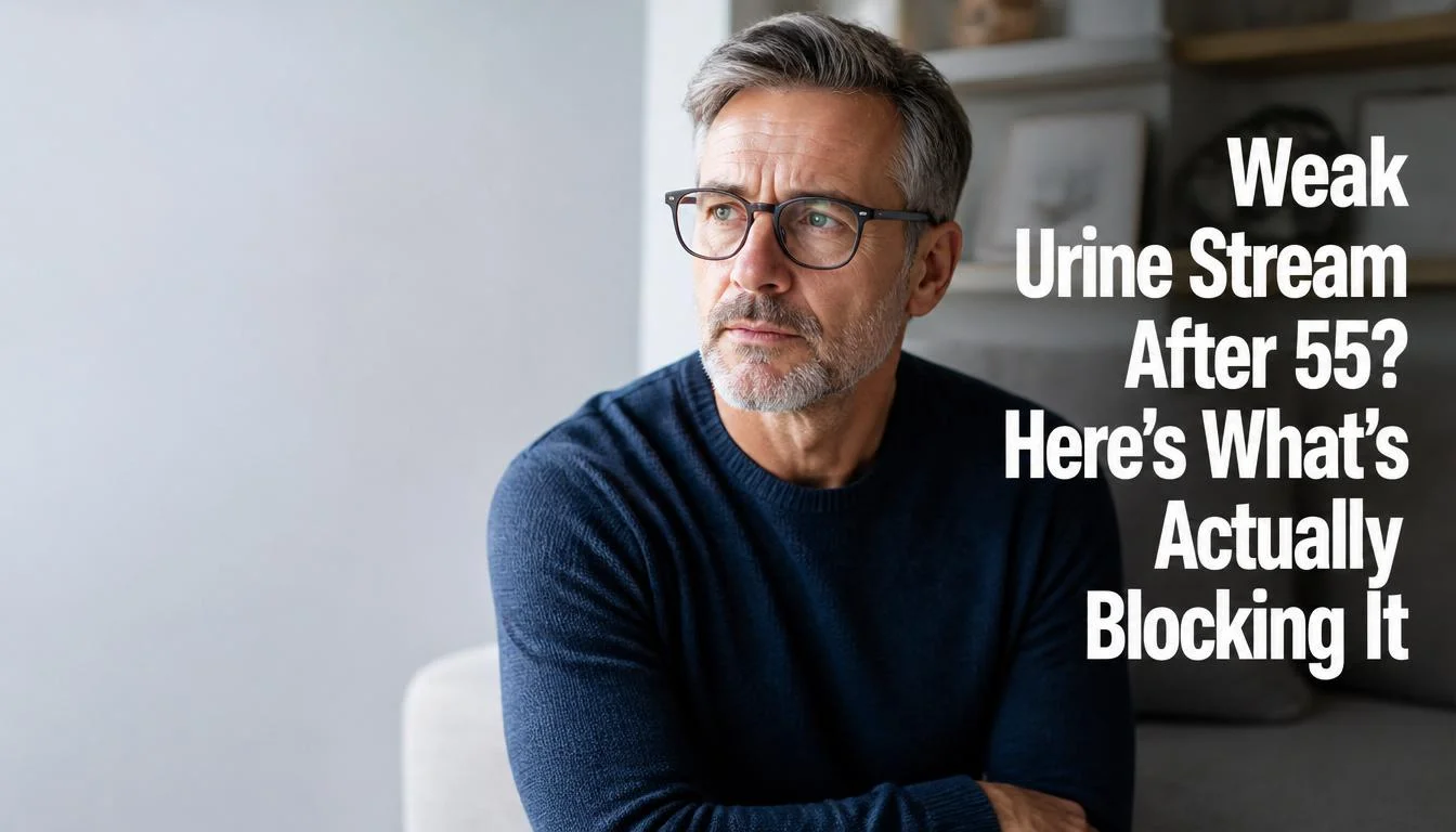 American man in his late 50s with a concerned expression representing the weak urine stream symptom affecting US men over 55 driven by prostate enlargement and blocked microcirculation. Cover image for the prostate health guide reviewed at Gendrelly wellness portal for American men.