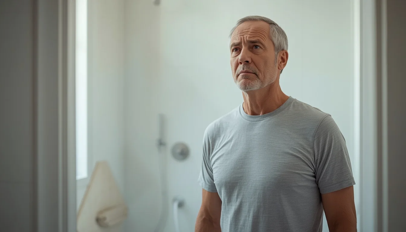 American man in his late 50s representing the weak urine stream symptom affecting US men over 55 driven by prostate enlargement and blocked microcirculation rather than normal aging. The mechanism and natural protocol are reviewed at Gendrelly wellness portal for American men.