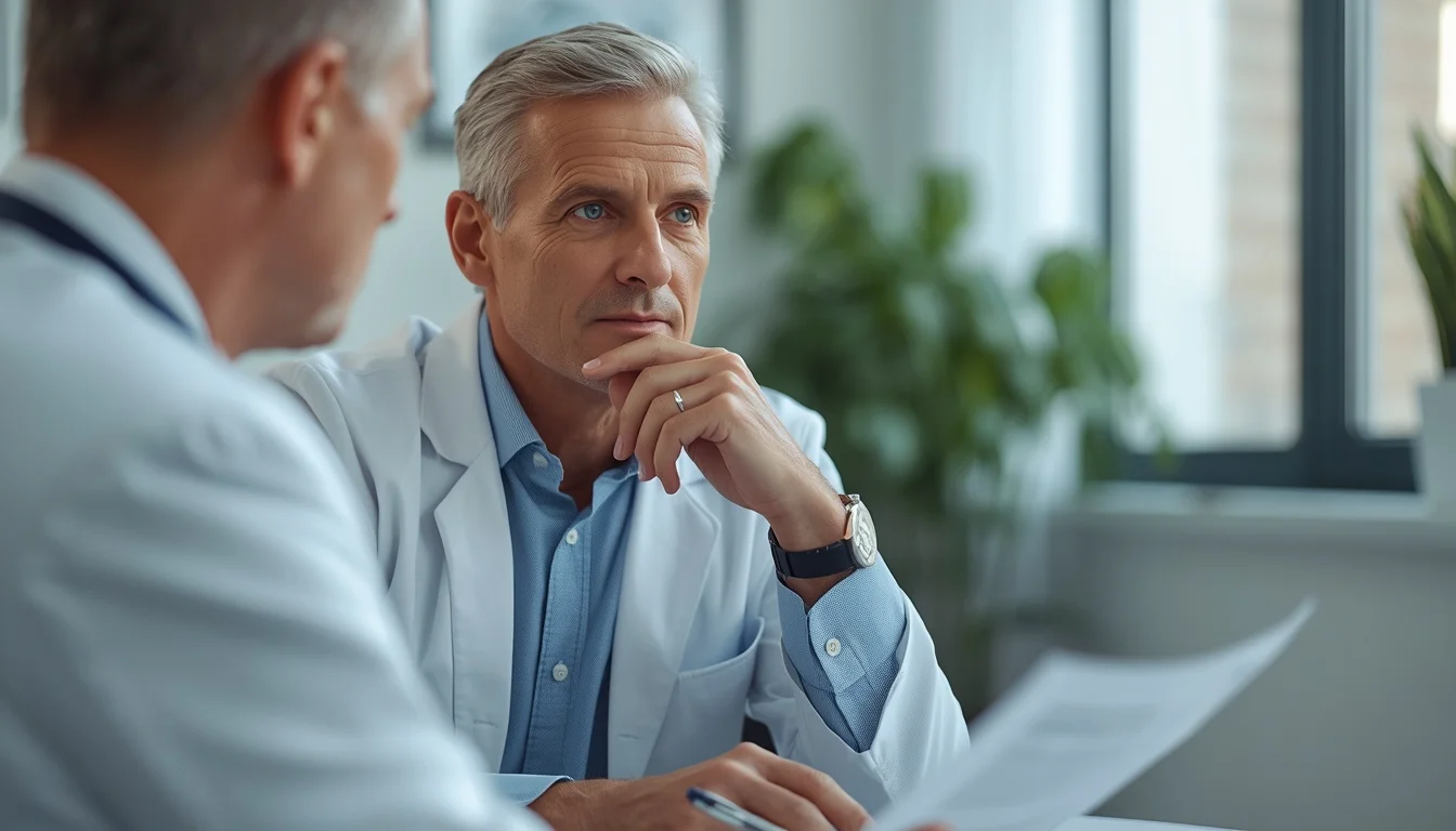 American man in his early 60s reviewing health results with a doctor representing the rising PSA levels affecting US men over 50 and the natural protocol researchers identify for supporting prostate health. Reviewed at Gendrelly wellness portal for American men.