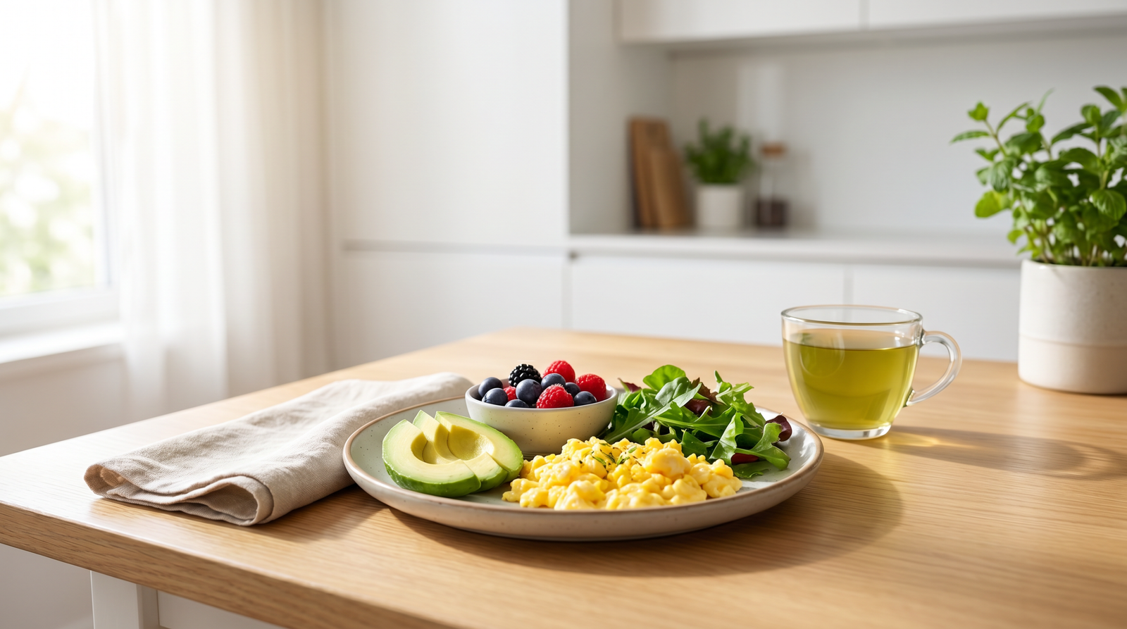 Healthy blood sugar meal with eggs, avocado, leafy greens, berries, and unsweetened tea on a bright kitchen table, representing foods that support healthy glucose balance after 40. Editorial wellness photography for a Gendrelly article aimed at American adults with prediabetes or insulin resistance seeking practical nutrition guidance, steadier daily energy, fewer sugar cravings, and a deeper understanding of why food choices alone may not always fully resolve blood sugar instability after 40.