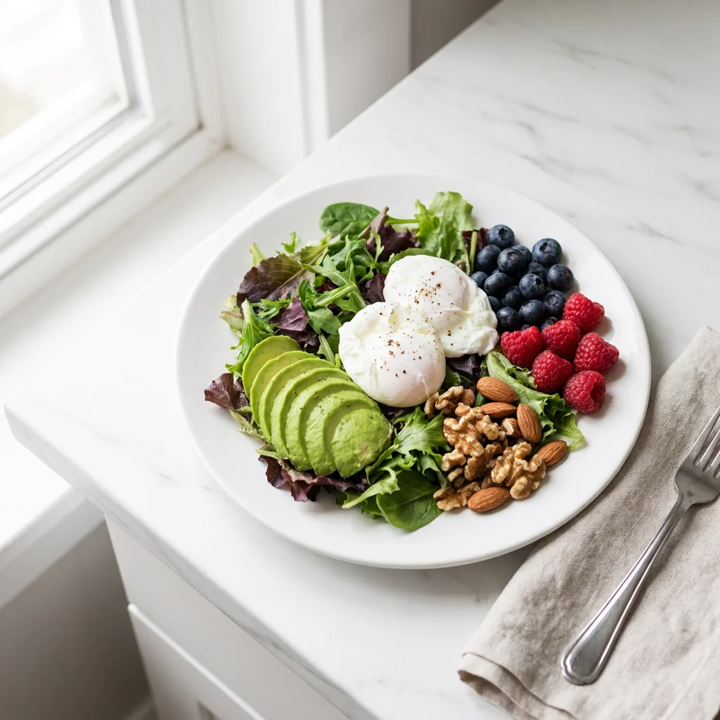 Close-up editorial flat lay of a balanced blood sugar friendly plate with leafy greens, avocado, eggs, berries, and mixed nuts in soft natural morning light, created for a Gendrelly educational article about foods that support healthy blood sugar after 40. Represents strategic daily nutrition for American adults with insulin resistance seeking steadier glucose response, better energy after meals, fewer sugar cravings, and practical eating habits to support long-term metabolic health.