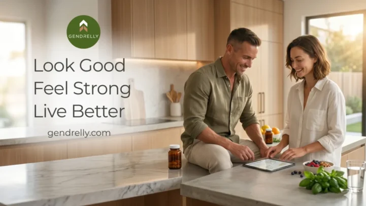Evidence based health information: A healthy, fit couple in their 30s reviewing wellness information on a tablet in a bright, modern kitchen, with a health supplement bottle and fresh ingredients on the counter. The image features the Gendrelly logo and the text: Look Good, Feel Strong, Live Better.