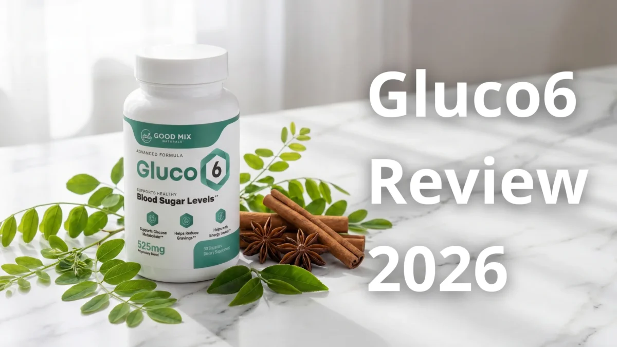 Blog cover image for a health review article about Gluco6 review 2026. Gluco6 supplement bottle on a white marble surface with natural ingredients including acacia branches and cinnamon sticks in soft natural light, clean editorial photography style. Text overlay on the right side reads: Gluco6 Review 2026. Created for American adults researching Gluco6 reviews, whether Gluco6 works for blood sugar and insulin resistance, and the ingredients and science behind this natural glucose support supplement.