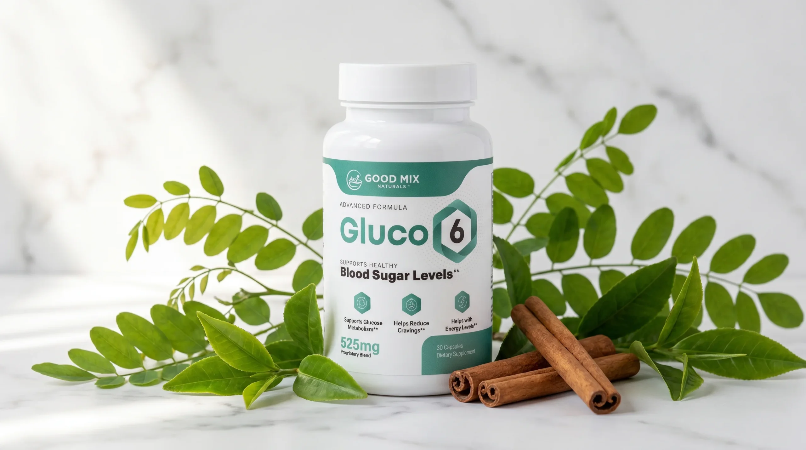 Gluco6 supplement bottle on a clean white marble surface with acacia branches, green tea leaves, and cinnamon sticks arranged around it in soft natural light, representing the natural blood sugar support formula reviewed in this Gluco6 2026 review. Editorial product photography for a health article about whether Gluco6 works for blood sugar management after 40, covering the GLUT4 relief mechanism and realistic expectations for American adults with insulin resistance or type 2 diabetes.