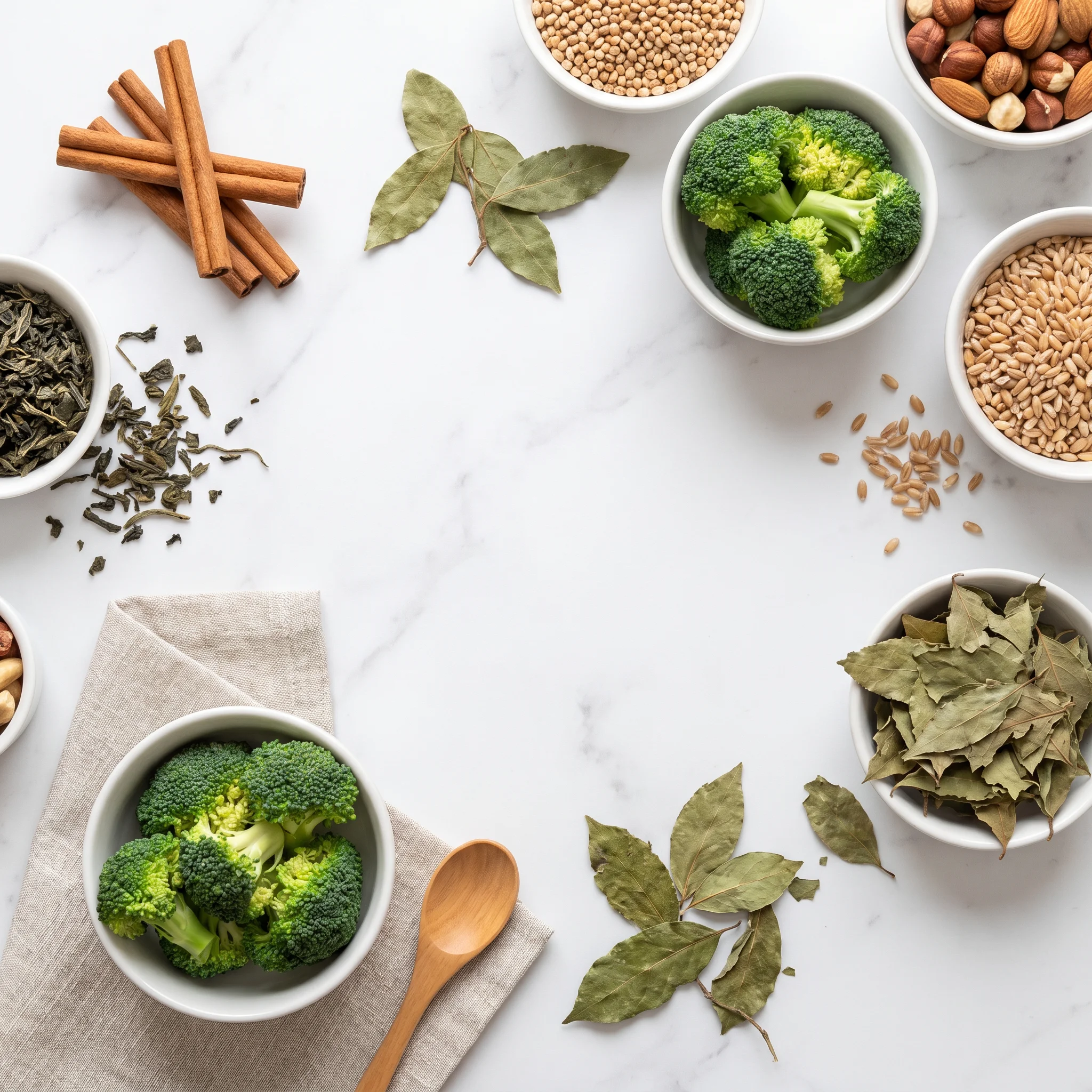 Editorial flat lay food photography of cinnamon sticks, green tea leaves, gymnema leaves, and chromium-rich foods arranged on a white marble surface in soft natural light, representing the six natural blood sugar support ingredients in Gluco6 reviewed for their glucose metabolism mechanisms. Created for a Gluco6 review article examining the clinical evidence behind each ingredient for American adults over 40 seeking natural blood sugar management and insulin resistance support.