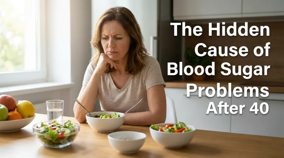 Blog cover image for a health article about the hidden cause of blood sugar insulin resistance problems after 40. Person in their 40s looking frustrated at a kitchen table with healthy food around them in soft natural indoor light, editorial photography style. Text overlay on the right side reads: The Hidden Cause of Blood Sugar Problems After 40. Created for American adults researching GLUT4 overwhelm, insulin resistance, natural blood sugar support, and why diet alone fails to control glucose after 40.
