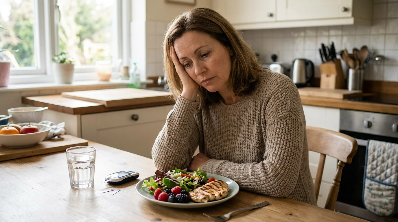 Man or woman in their 40s sitting at a kitchen table looking tired and frustrated despite eating healthy food, representing the blood sugar frustration and unexplained fatigue caused by GLUT4 overwhelm in adults over 40. Editorial lifestyle photography for a health article about the hidden cause of blood sugar problems after 40, covering GLUT4 receptor failure, insulin resistance, and why diet alone fails to control blood sugar for American adults seeking natural glucose support.