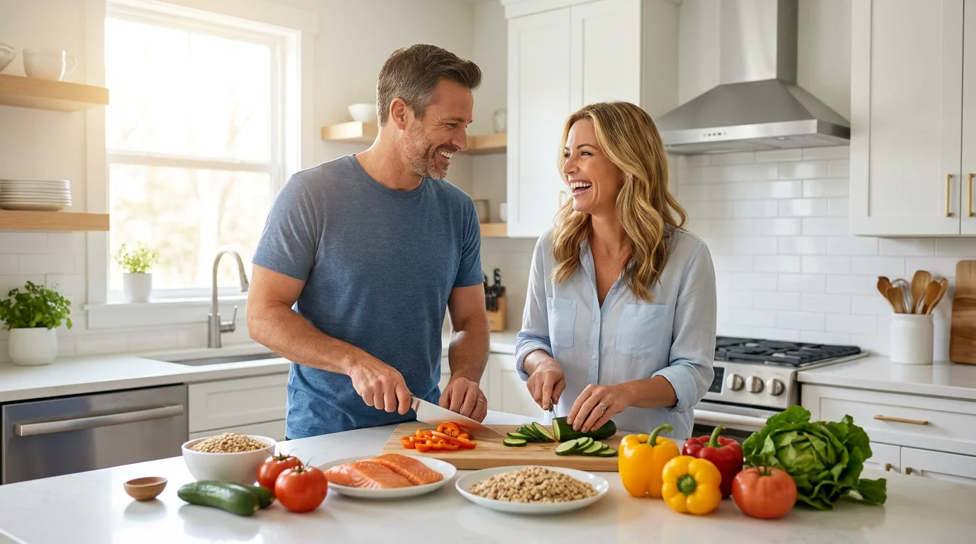 Man and woman in their 40s preparing a healthy meal together in a bright modern kitchen, smiling and energized, representing the sustainable healthy lifestyle that becomes possible when the root cause of glucose metabolism problems is addressed naturally. Editorial lifestyle photography for a health article about GLUT4 overwhelm and natural blood sugar support for American adults over 40 seeking to restore daily energy levels, manage weight, and reduce long-term dependence on medication.
