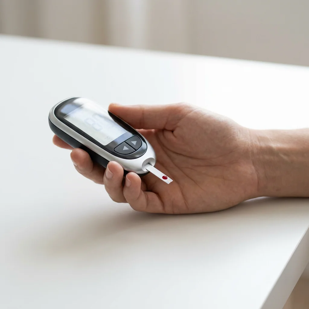Close-up editorial photography of a person's hand checking blood sugar with a glucometer on a clean white surface in soft natural light, representing the blood sugar monitoring routine of adults over 40 dealing with insulin resistance and GLUT4 overwhelm. Created for a health article about the hidden mechanism behind uncontrolled blood sugar after 40 and why restoring GLUT4 receptor function is the missing key for American adults with type 2 diabetes or prediabetes seeking natural solutions.