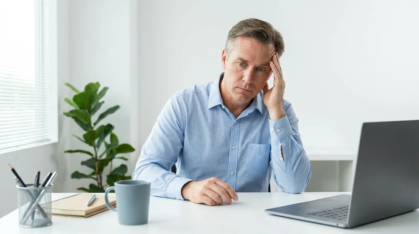 American adult over 40 sitting at a work desk in the afternoon looking mentally foggy and unfocused representing brain fog and low energy as hidden signs of blood sugar imbalance connected to GLUT4 glucose transport inefficiency reviewed at Gendrelly wellness portal for an educational health article about six subtle symptoms that appear together in US adults over 40 including predictable afternoon fatigue mental slowness cravings hunger and mood shifts pointing to a cellular glucose pattern.