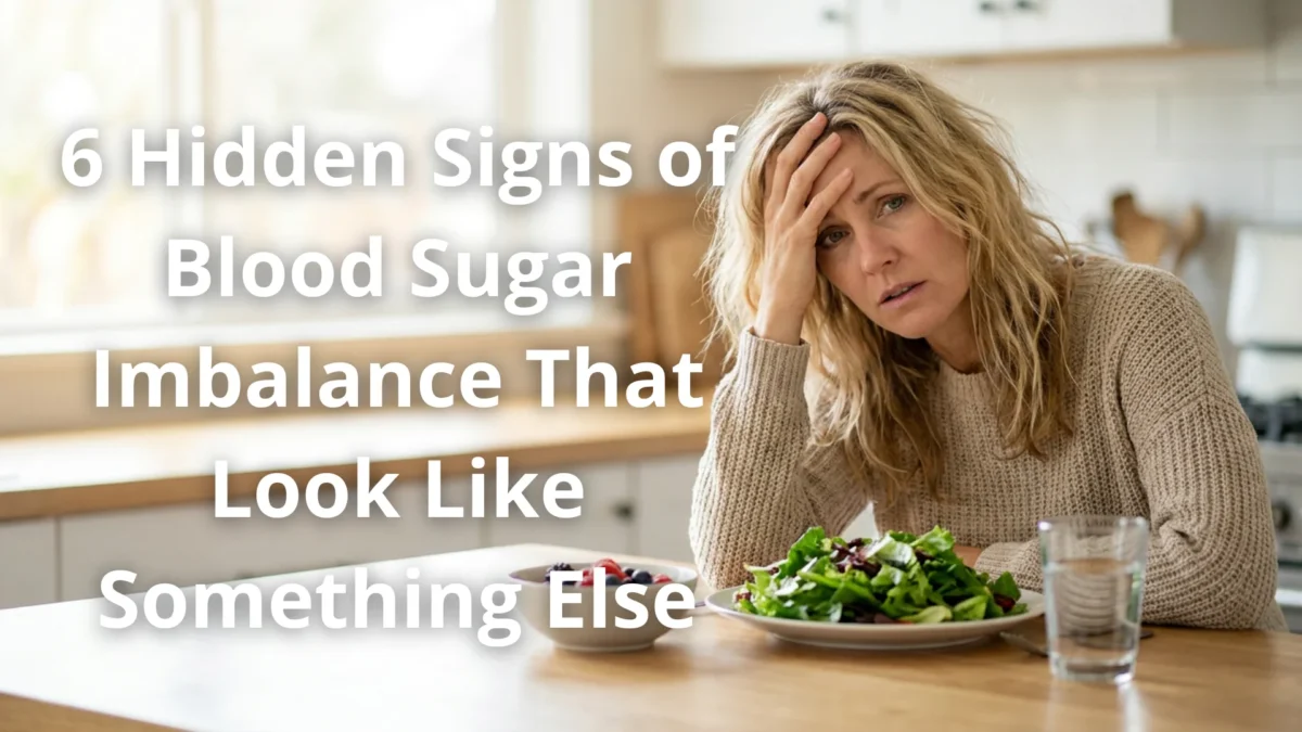 Editorial cover image for a Gendrelly article about hidden signs of blood sugar imbalance showing an American woman in her mid-40s looking tired and confused at a kitchen table with a healthy meal representing the six subtle symptoms including fatigue brain fog cravings hunger mood changes and morning tiredness that most US adults over 40 dismiss as stress or aging but researchers increasingly associate with GLUT4 glucose transport inefficiency and cellular energy delivery dysfunction.