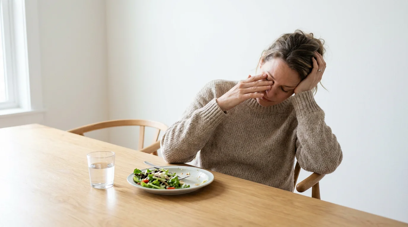 American woman in her mid-40s looking confused and tired at a kitchen table with a half-eaten healthy meal representing the hidden signs of blood sugar imbalance that researchers associate with GLUT4 glucose transport inefficiency in US adults over 40 reviewed at Gendrelly wellness portal for an educational article about subtle symptoms including afternoon fatigue brain fog sugar cravings hunger mood changes and morning tiredness pointing to a deeper cellular glucose pattern.