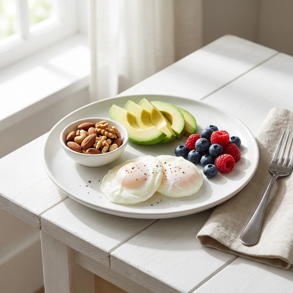 Editorial food photography of a high-protein breakfast on a clean white table in soft natural morning light featuring eggs, avocado, nuts, and berries, representing the blood sugar stabilization strategy for breaking the cortisol spike cycle. Created for a women's health article about how eating protein and fiber at every meal prevents multiple cortisol spikes per day and supports the hormonal environment needed for fat burning and metabolic recovery in American women over 30.
