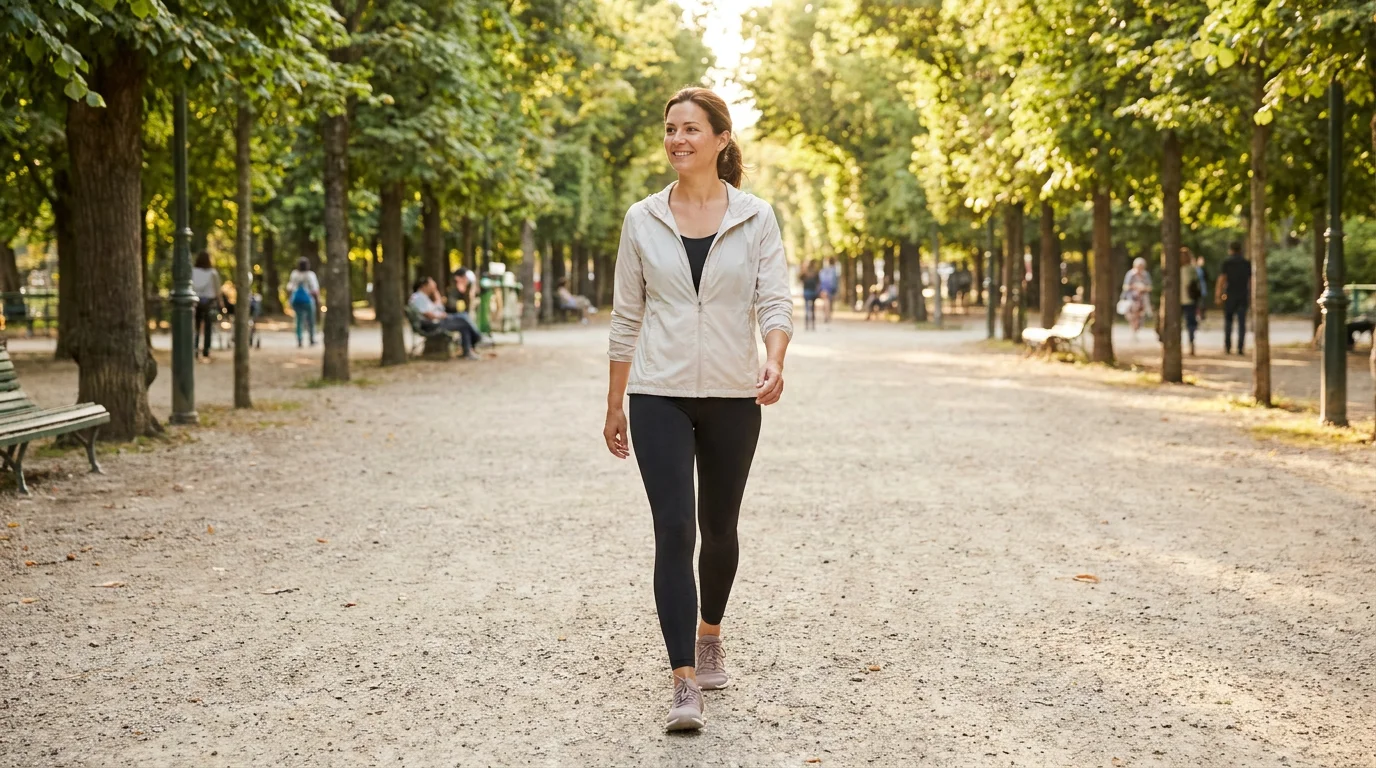 Woman in her early 30s walking outdoors in a park at a comfortable steady pace in bright natural daylight with a relaxed expression, representing Zone 2 cardio as a cortisol-lowering strategy for women over 30. Editorial lifestyle photography illustrating how sustained moderate exercise lowers resting cortisol over time while improving mitochondrial density and metabolic efficiency — more effective than high-intensity training for American women with chronically elevated cortisol.