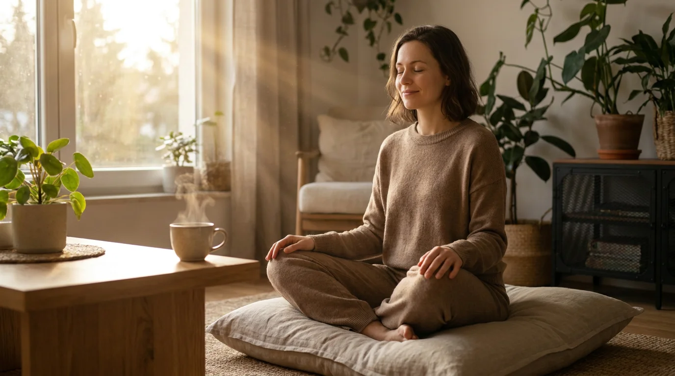 Woman in her early 30s meditating in soft natural morning light near a window, looking calm and peaceful, representing the evidence-based approach to lowering cortisol naturally and restarting metabolism after 30. Editorial lifestyle photography for a women's health article about 5 science-backed strategies to lower cortisol naturally, reactivate brown adipose tissue thermogenesis, and break the stress-fat storage cycle for American women whose fat loss has stalled despite consistent habits.