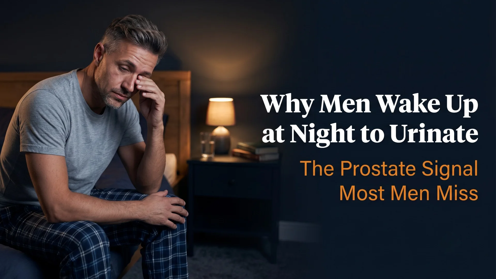 Editorial cover image of an American man in his early 40s awake at night on the edge of his bed representing the prostate sleep connection behind nocturia in men under 45 where nighttime urination signals early prostate health changes that most men dismiss as stress or fluid intake before understanding the biological mechanism. Published at Gendrelly wellness portal.