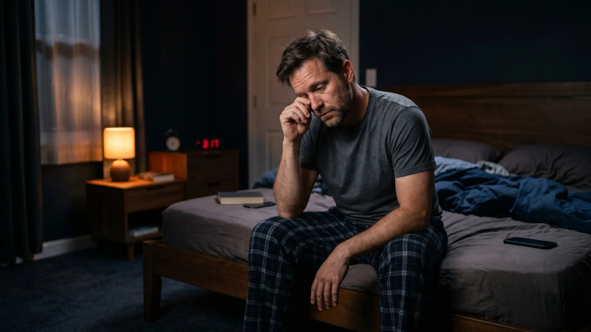 American man in his early 40s awake at night sitting on the edge of his bed in a dark bedroom looking tired representing the common pattern of nocturia in men under 45 that may signal early prostate health changes rather than simple lifestyle factors like fluid intake or stress reviewed and published at Gendrelly wellness portal for men seeking natural solutions.