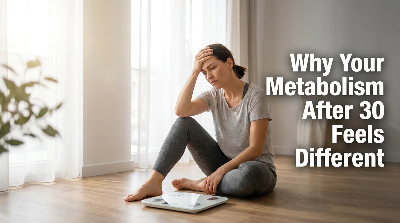 Blog cover image for a women's health article about metabolism after 30. Woman in her 30s with a frustrated expression near a bathroom scale, bright natural indoor light, editorial photography style. Text overlay on the right side reads: Why Your Metabolism After 30 Feels Different. Created for American women over 30 researching metabolism support, weight management, hormonal balance, and natural solutions for low energy and stubborn fat that no longer responds to diet and exercise alone.