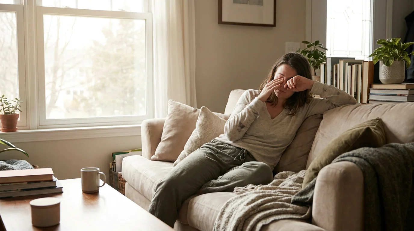 Tired woman over 30 sitting on couch with low energy, a common sign of slowing metabolism after 30.