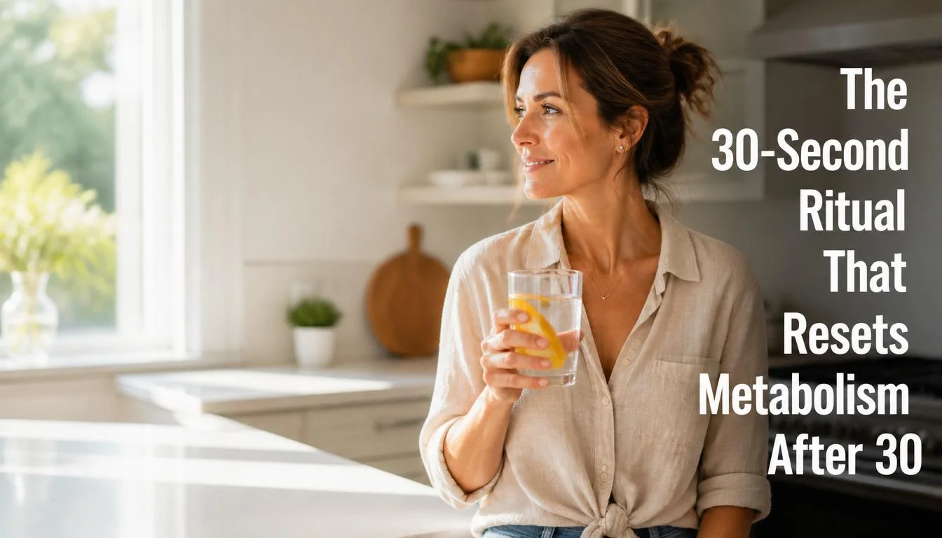 American woman in her early 40s holding a glass of citrus water in a bright kitchen representing the 30-second Mediterranean morning ritual that resets metabolism after 30 reviewed at Gendrelly wellness portal for US women seeking natural metabolic support and sustained energy.