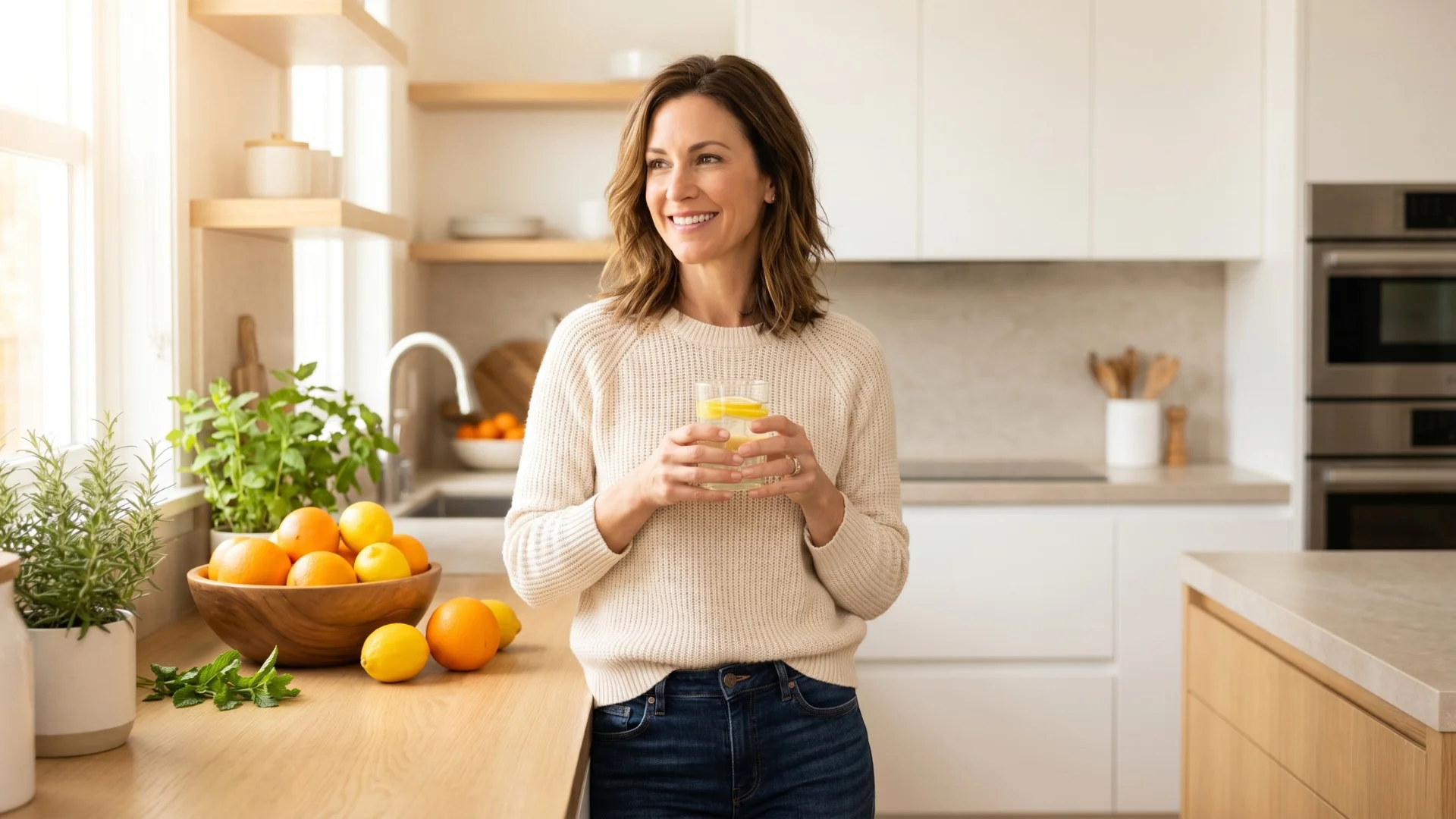 Metabolism hack in action — American woman in her early 40s holding a glass of citrus water in a bright modern kitchen, representing the 30-second morning ritual that resets fat burning after 30, reviewed at Gendrelly wellness portal for US women.