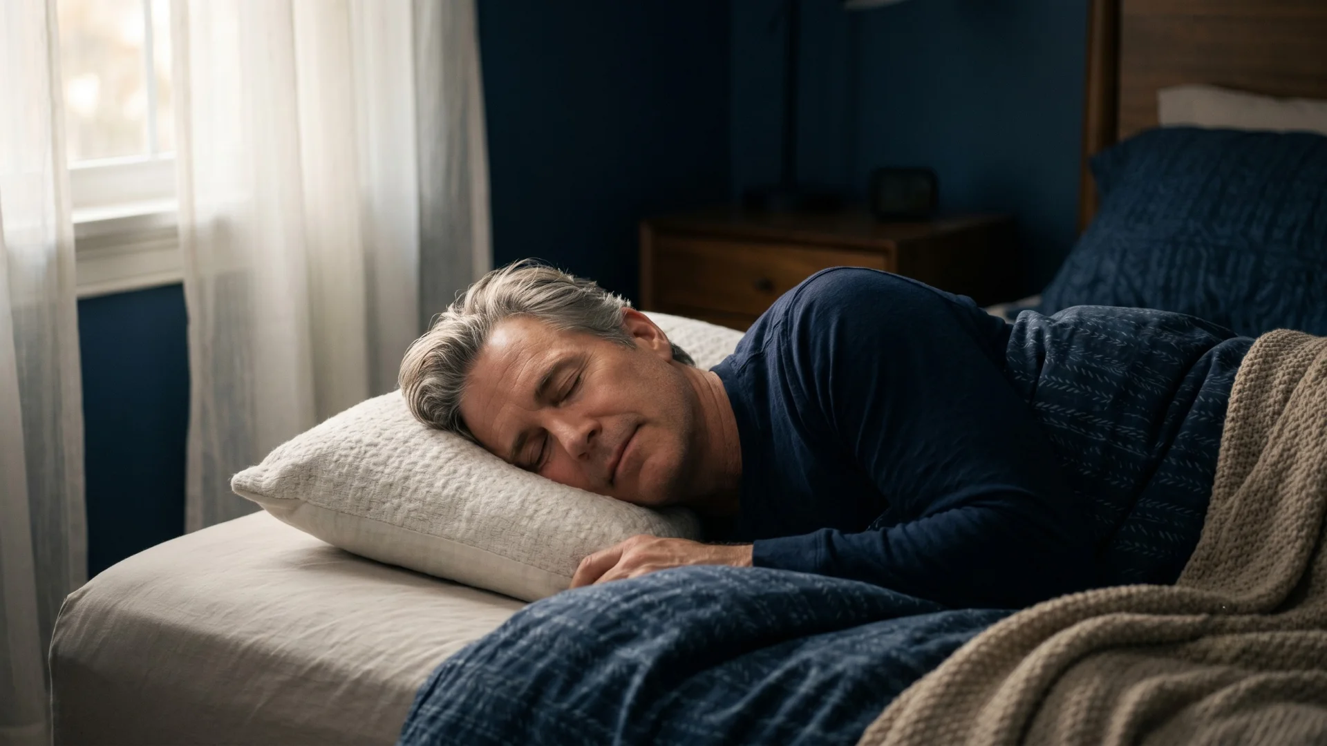 American man in his late 50s sleeping peacefully through the night representing the results men report after addressing the spring water mineral discovery for prostate health support. Reviewed at Gendrelly wellness portal for US men over 50.