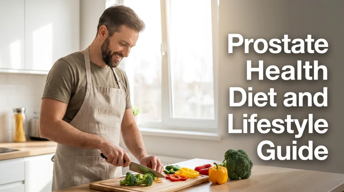 Blog cover image for a Gendrelly men's health article about prostate health diet and lifestyle habits. Man in his late 30s preparing healthy food in a bright modern kitchen with soft natural light, editorial photography style. Text overlay on the right side reads: Prostate Health Diet and Lifestyle Guide. Created for American men in their 30s and 40s researching prostate health habits, diet for prostate support, and evidence-based lifestyle strategies for long-term prostate wellness.