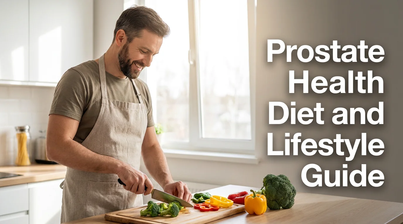Blog cover image for a Gendrelly men's health article about prostate health diet and lifestyle habits. Man in his late 30s preparing healthy food in a bright modern kitchen with soft natural light, editorial photography style. Text overlay on the right side reads: Prostate Health Diet and Lifestyle Guide. Created for American men in their 30s and 40s researching prostate health habits, diet for prostate support, and evidence-based lifestyle strategies for long-term prostate wellness.