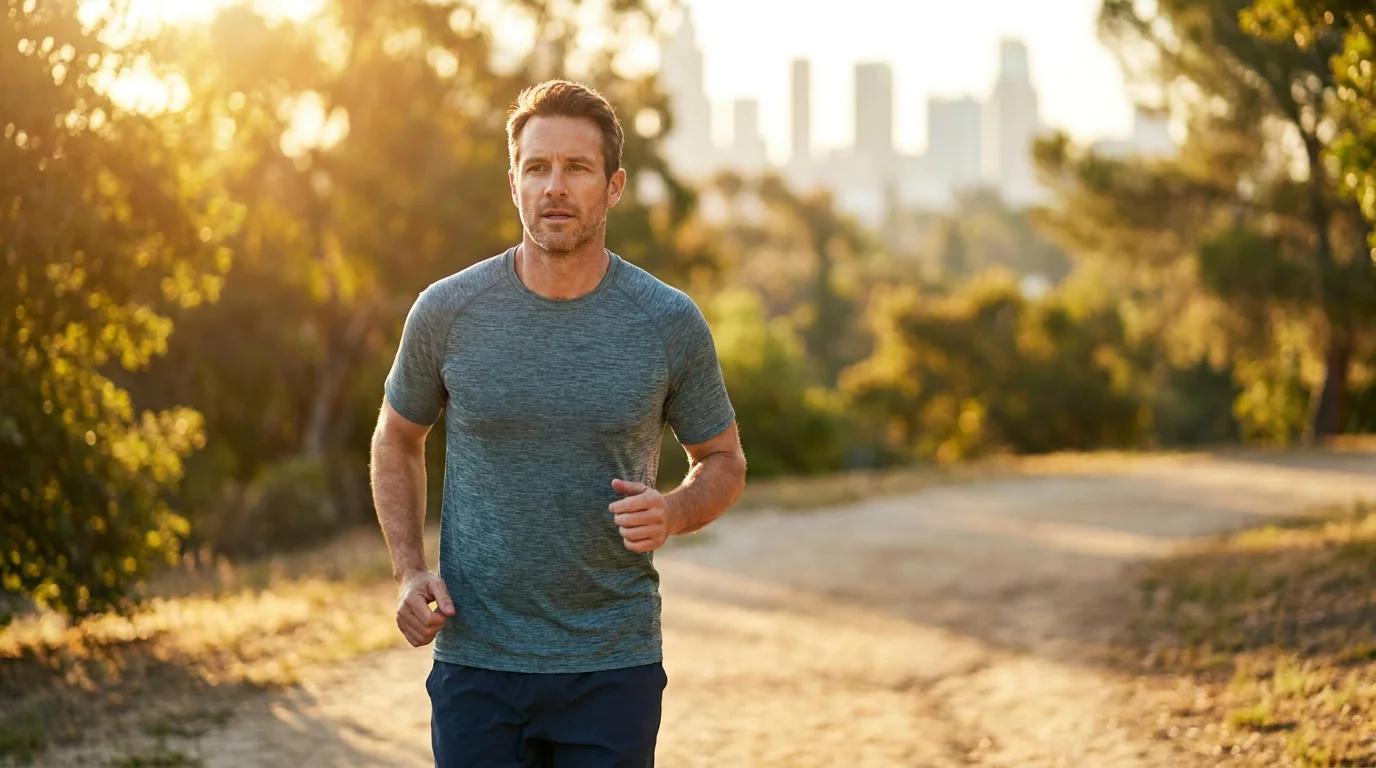 Man in his early 40s doing light resistance training outdoors in natural morning light with an energized and healthy expression, representing exercise as a key lifestyle habit for prostate health support. Editorial lifestyle photography for a Gendrelly men's health article about how consistent aerobic and resistance training reduces systemic inflammation, supports testosterone levels, and contributes to long-term prostate wellness for American men in their 30s and 40s seeking natural support.