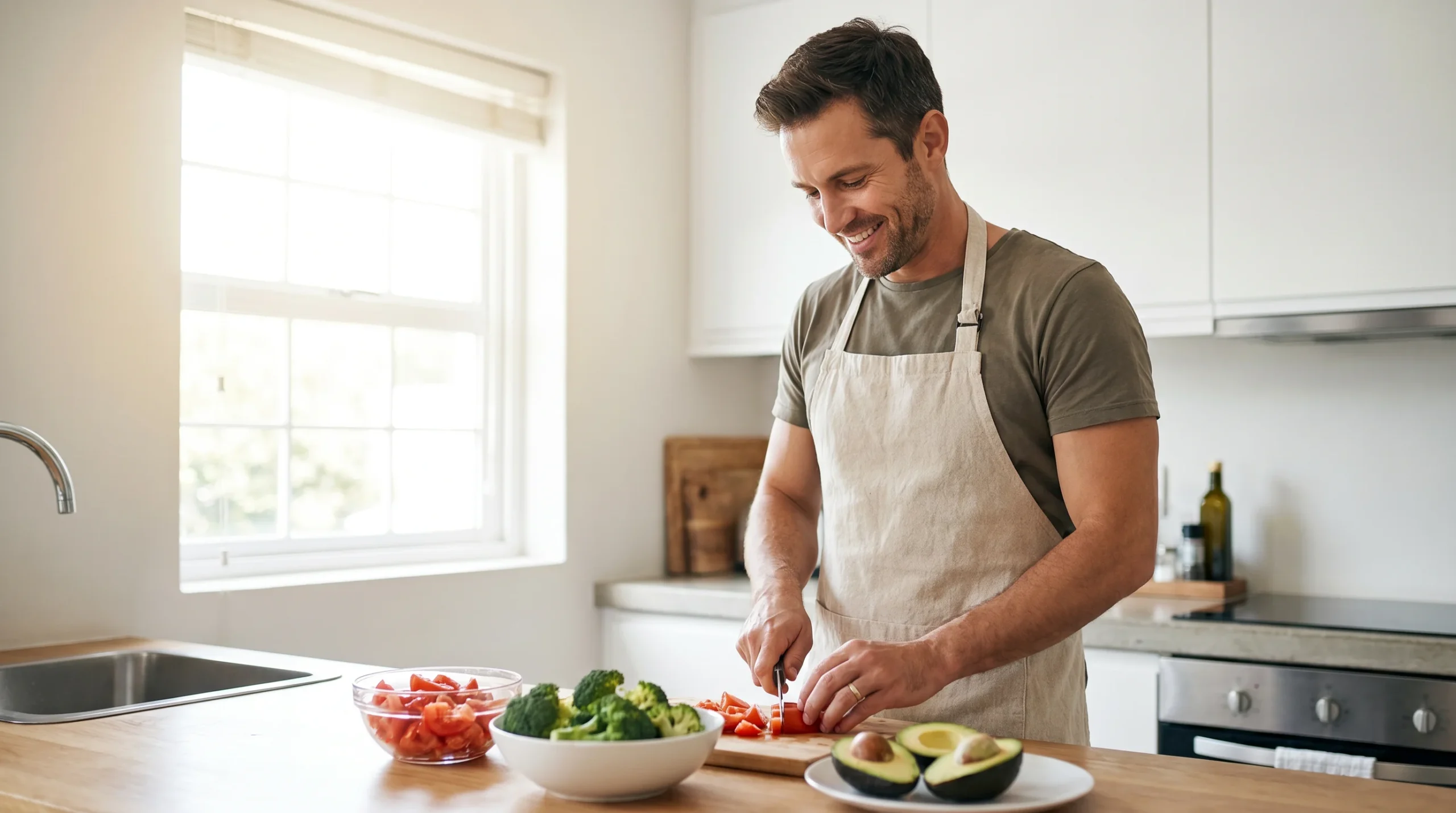 Man in his late 30s preparing a healthy prostate-supportive meal in a bright modern kitchen with tomatoes, broccoli, and avocado on the counter, representing dietary habits that support long-term prostate wellness before symptoms develop. Editorial lifestyle photography for a men health article about prostate health diet and lifestyle habits, covering lycopene foods, cruciferous vegetables, and daily choices that create the foundation for prostate health in American men in their 30s and 40s.