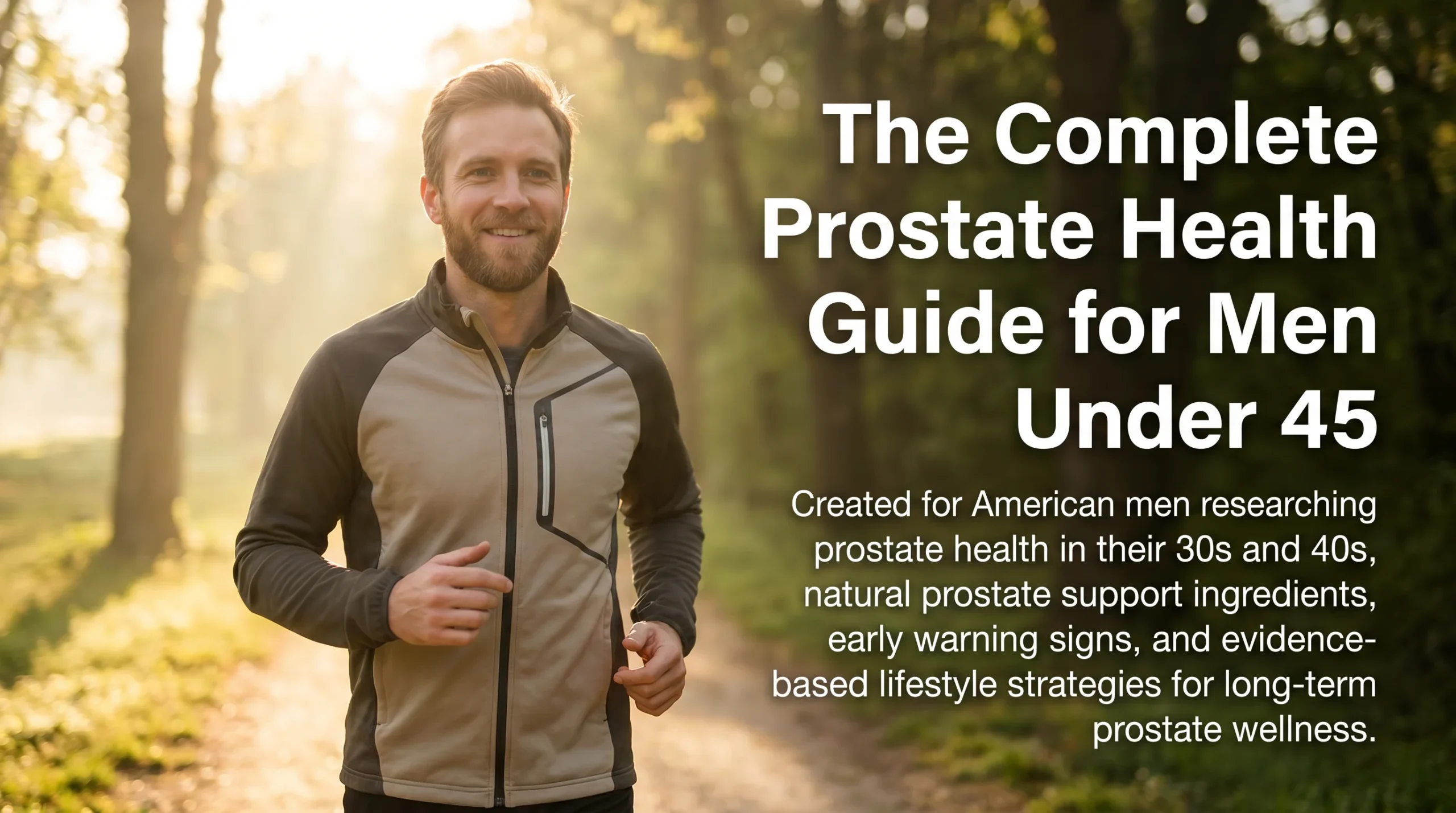 Blog cover image for a Gendrelly mens health guide about prostate health for men under 45. Man in his late 30s looking healthy outdoors in natural morning light, editorial photography style. Text overlay on the right side reads: The Complete Prostate Health Guide for Men Under 45. Created for American men researching prostate health in their 30s and 40s, natural prostate support ingredients, early warning signs, and evidence-based lifestyle strategies for long-term prostate wellness.