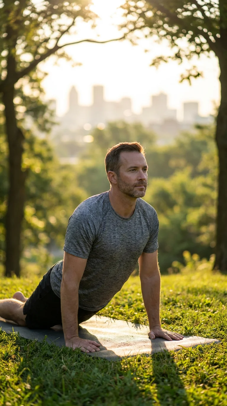 Man in his early 40s doing morning exercise outdoors with a focused and energized expression in soft natural morning light, representing the lifestyle habits including aerobic exercise, resistance training, and stress management that support long-term prostate wellness for American men. Editorial lifestyle photography for a Gendrelly prostate health guide covering the evidence-based lifestyle factors that make a real difference for men in their 30s and 40s seeking natural prostate support.