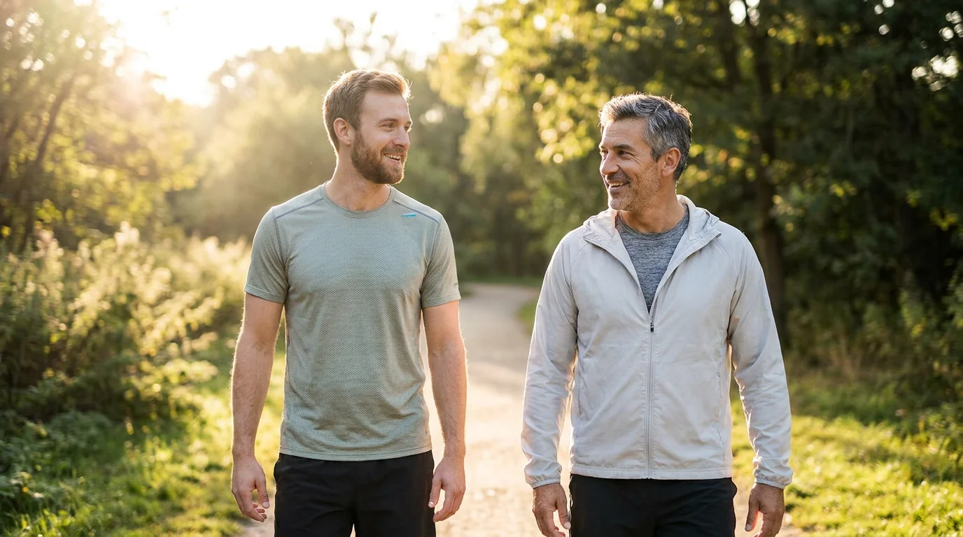Two men side by side — one in his 30s and one in his 40s — both looking healthy and active outdoors in natural light, representing the biological timeline of prostate health changes across the decades before symptoms typically appear. Editorial lifestyle photography for a Gendrelly men's health guide illustrating why prostate health starts earlier than most American men realize and why establishing supportive habits in the 30s and 40s creates a foundation for long-term prostate wellness.