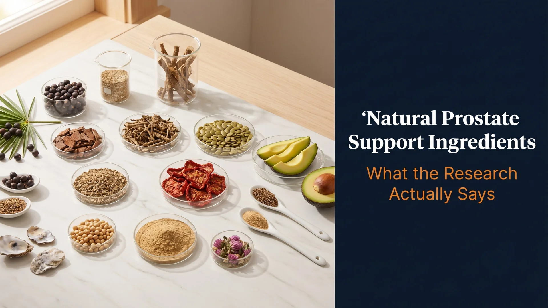 Editorial cover image of natural prostate support ingredients including botanical roots herbs and trace minerals arranged on a clean surface representing the evidence-based compounds most studied for men's prostate wellness hormonal balance and urinary function reviewed with honest evidence ratings by the Gendrelly editorial team and published at Gendrelly wellness portal.
