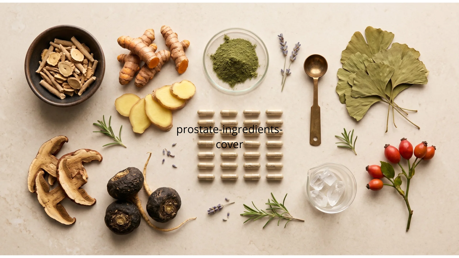 Scientific flat lay of natural prostate support ingredients including roots herbs and minerals on a clean white surface representing the evidence-based botanical compounds most studied for men's prostate health hormonal balance and urinary function with evidence ratings from peer-reviewed research reviewed and published at Gendrelly wellness portal for American men.
