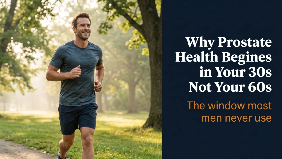Editorial cover image of an American man in his mid-30s exercising outdoors in morning light representing the early window for prostate health that most men miss starting in their 30s when DHT ratio shifts and hormonal changes begin building quietly before symptoms emerge in their 50s and 60s making early natural support strategies more effective. Published at Gendrelly wellness portal.
