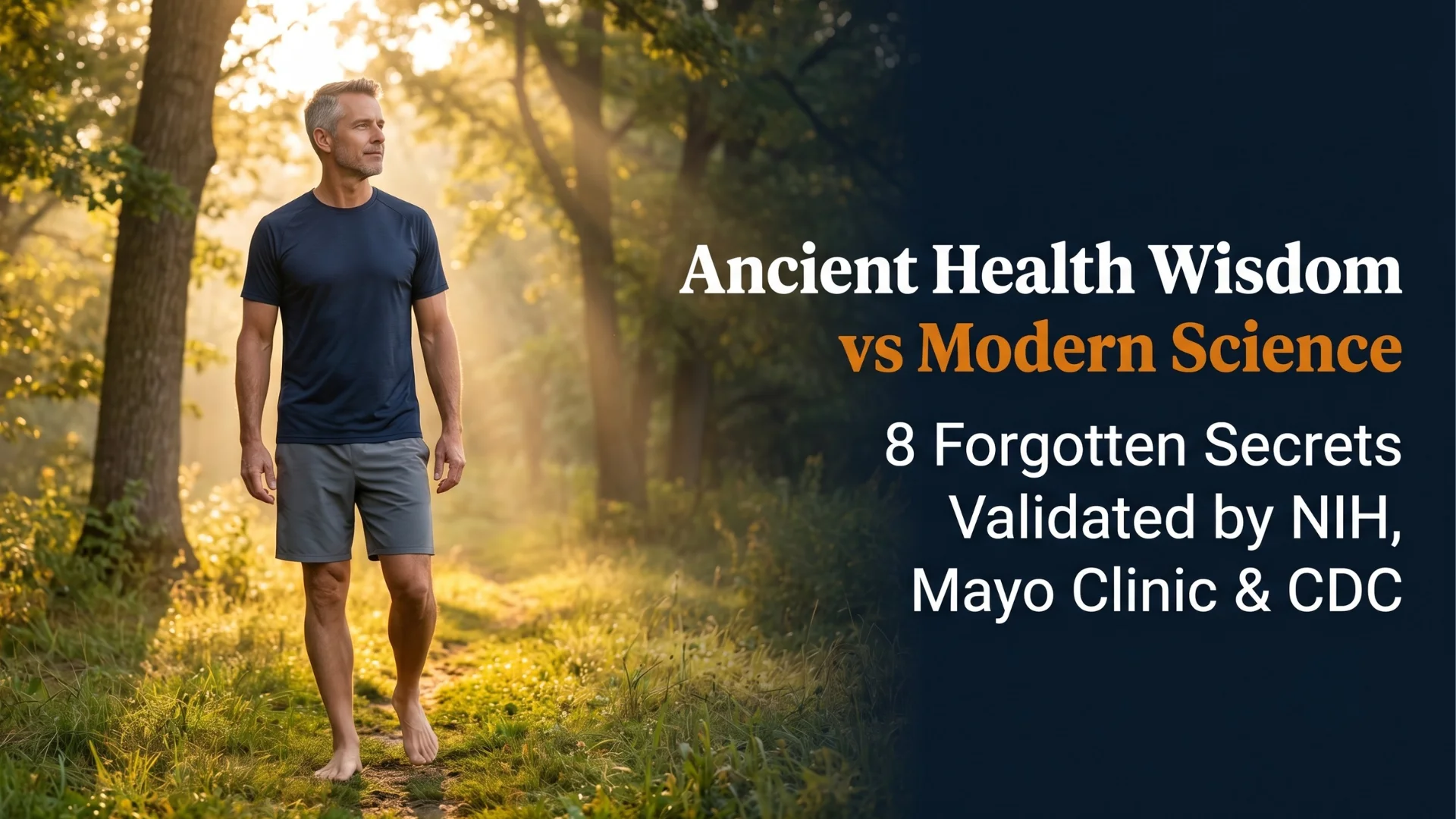 Editorial cover image representing eight ancient health principles from 1863 now validated by the National Institutes of Health, Mayo Clinic and CDC as the scientific foundation of modern preventive medicine, featuring natural wellness elements including sunlight, fresh water and clean air, reviewed and published at Gendrelly wellness portal for American men.