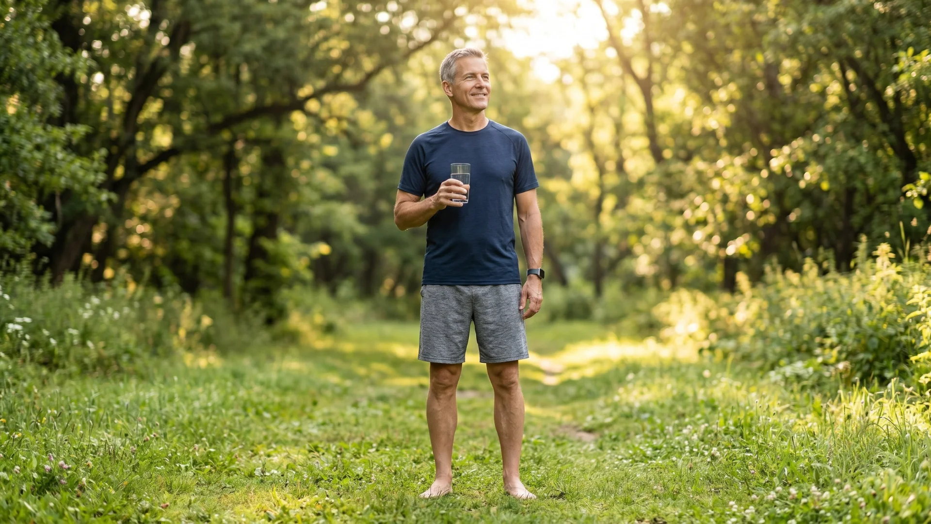 American man in his 50s practicing morning wellness habits outdoors in natural sunlight representing the eight evidence-based health principles documented in 1863 and now validated by the NIH, Mayo Clinic, and CDC as the foundation of modern preventive medicine for men seeking lasting vitality and better health outcomes. Reviewed at Gendrelly wellness portal.