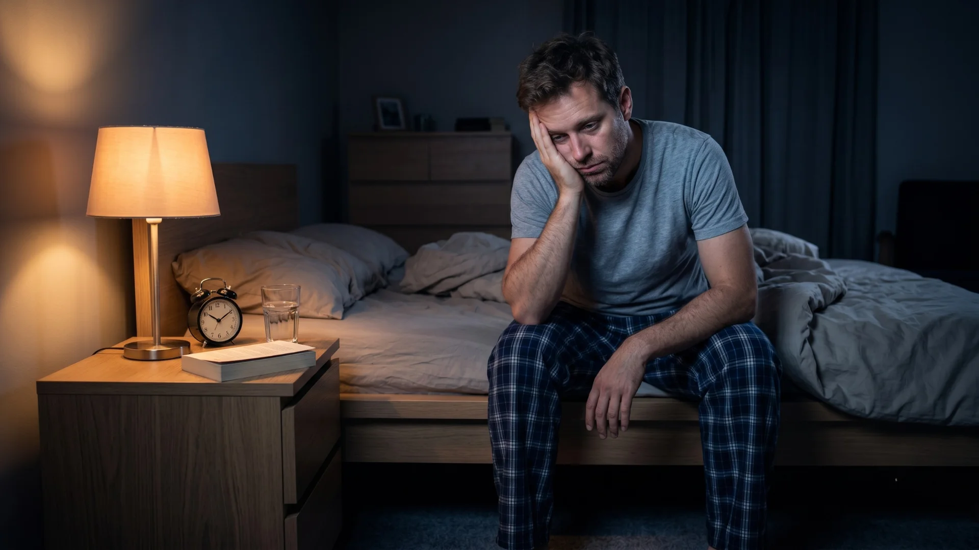 American man in his late 30s sitting on the edge of his bed at night looking tired and fatigued representing the early prostate health signals that most men in their 30s and 40s dismiss as stress or aging before understanding the biological mechanism behind disrupted sleep and urinary patterns. Reviewed at Gendrelly wellness portal.