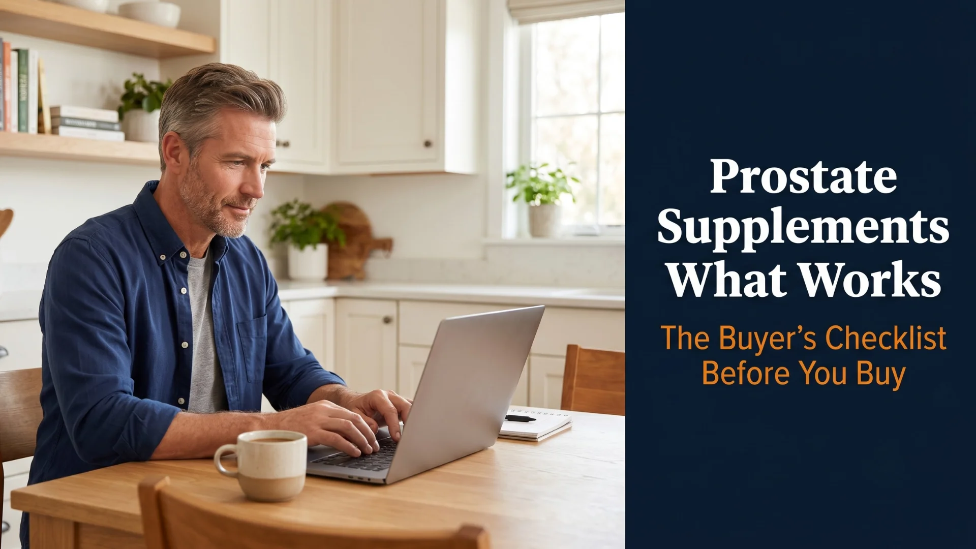 Editorial cover image of an American man in his 50s researching at a laptop representing the evidence-based buyer checklist for evaluating prostate supplements that work including ingredient transparency dosage verification third-party testing and red flags to avoid before purchasing any natural prostate supplement formula. Published at Gendrelly wellness portal for American men.