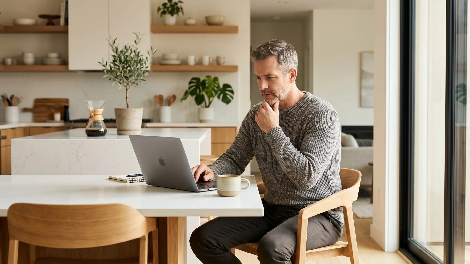 American man in his 50s researching prostate supplements on a laptop at home representing the practical buyer framework for evaluating natural prostate supplements based on ingredient transparency evidence-backed compounds dosage verification and third-party testing before purchasing reviewed and published at Gendrelly wellness portal for men seeking effective solutions.